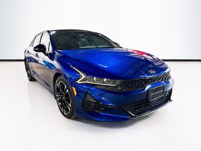 2021 Kia K5 GT-Line in Sapphire Blue — front three-quarter view