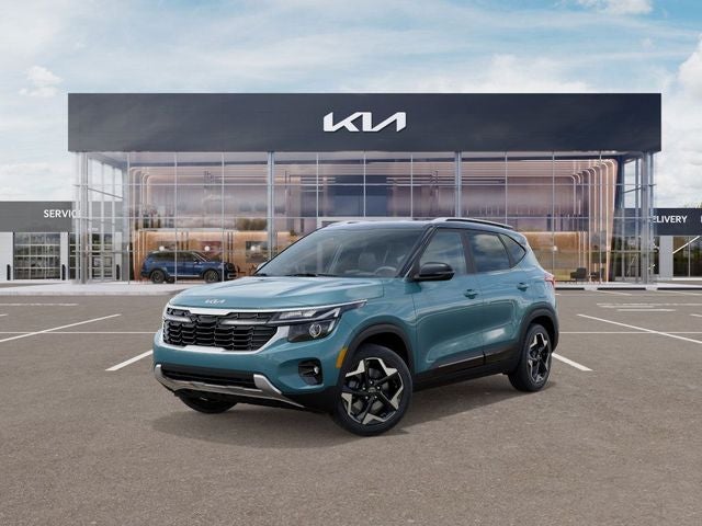 2026 Kia Seltos S in Pluton Blue/Black Roof — front three-quarter view