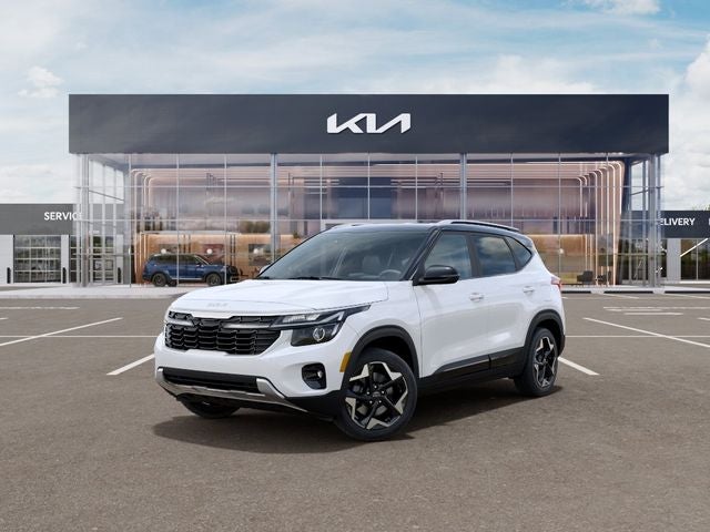 2026 Kia Seltos S in Clear White/Black Roof — front three-quarter view